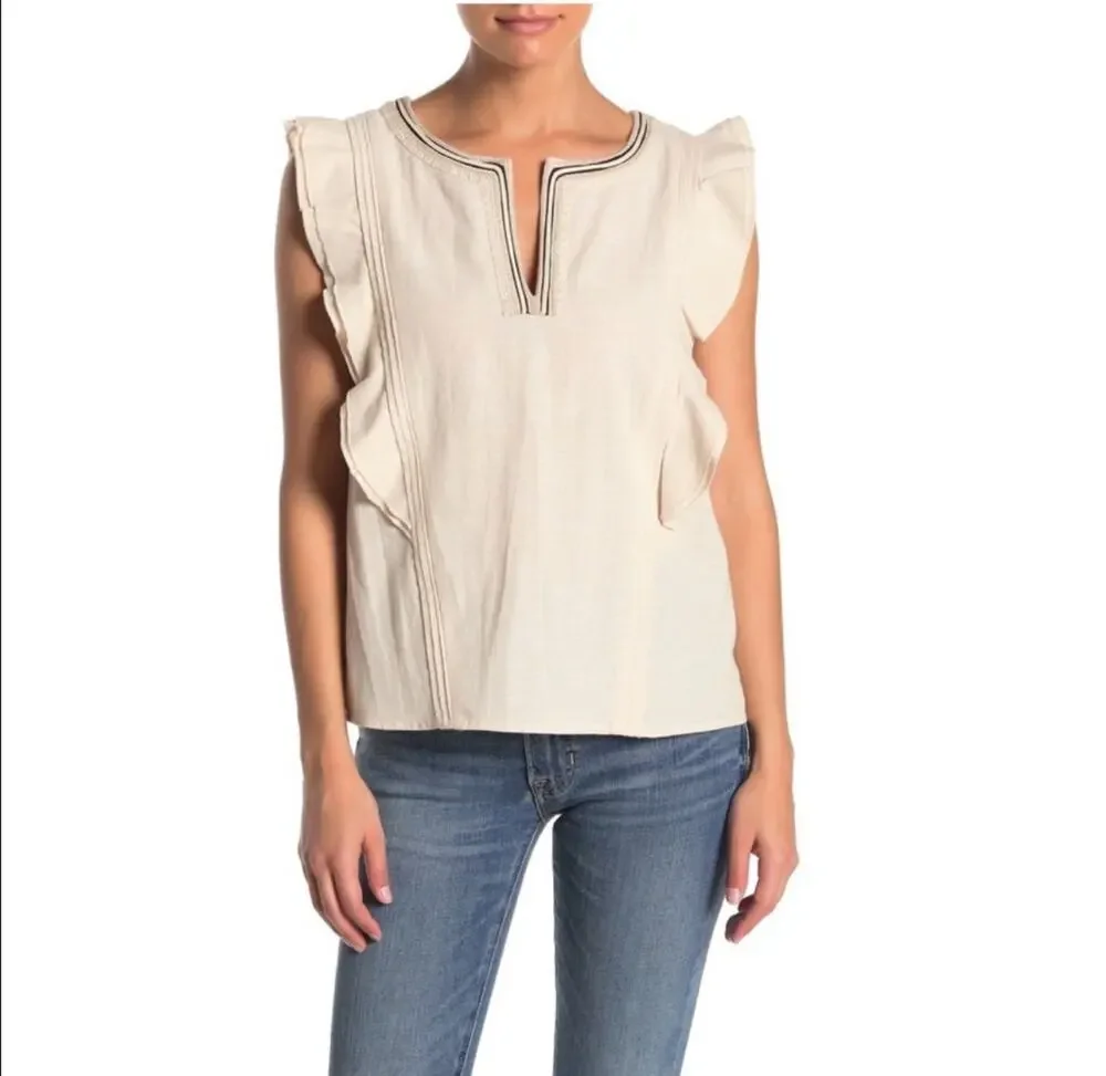 FRYE Ruffle Sleeveless Top Split V Neck Size M Oatmeal